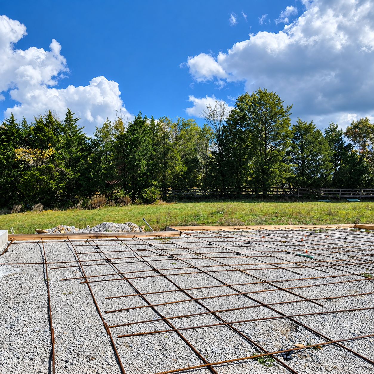 Compacted stone base with a rebar grid on chairs inside wood forms