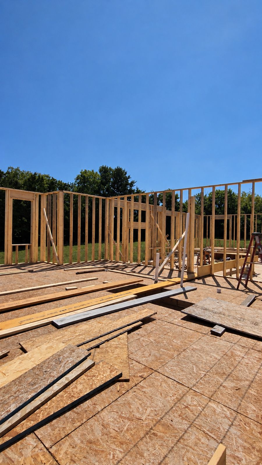Exterior and interior walls framed on the second-floor deck